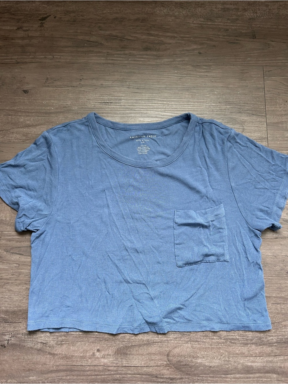 American Eagle Outfitters Light Blue Ribbed Crop Pocket Tee